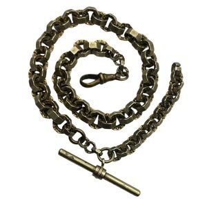 Victorian fancy link gold tone watch chain w t bar & Albert dog clip vintage